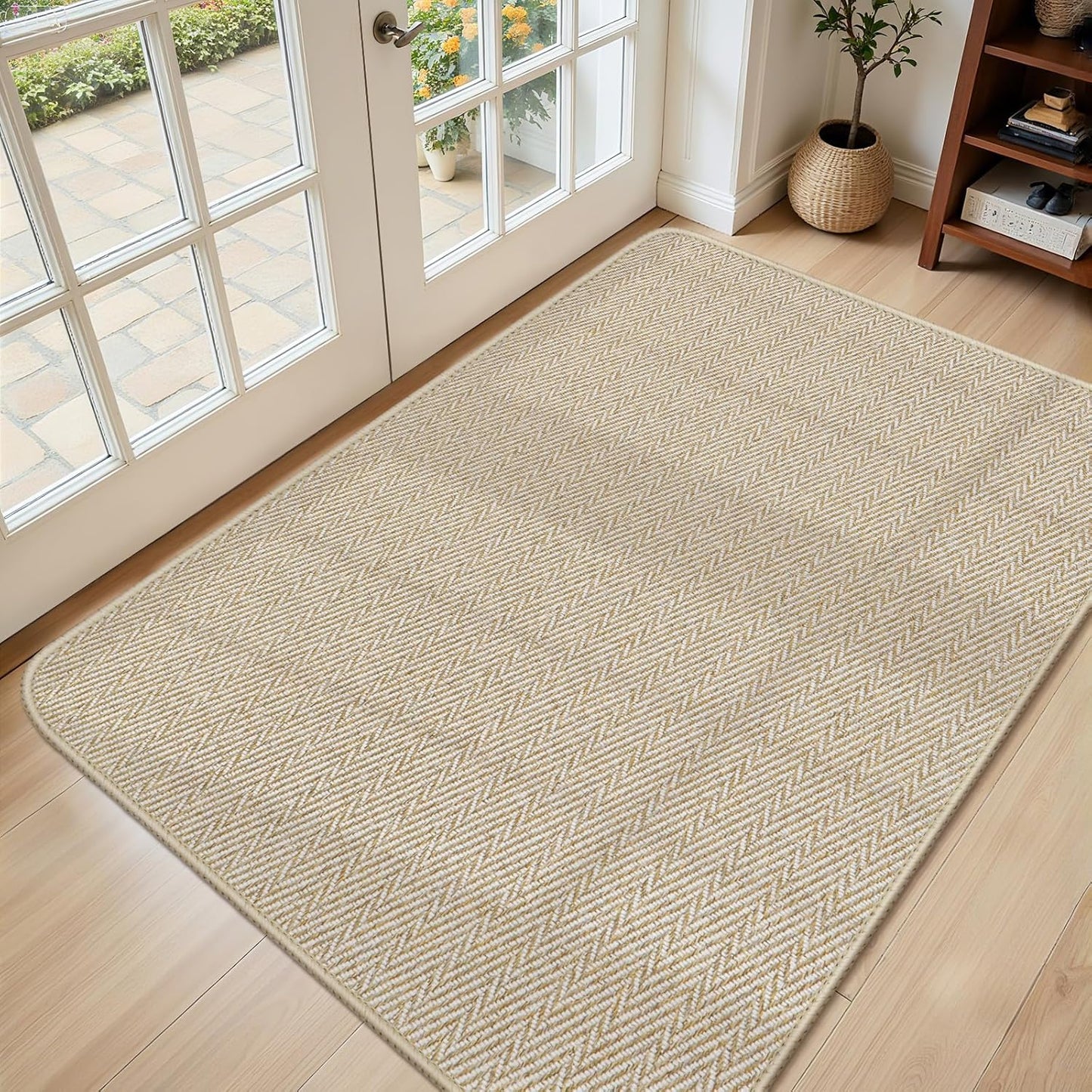 Ultra Thin Door Mat Indoor Entrance 17"x29", Low-Profile Indoor Door Mat, Non Slip Entry Mat Rubber Backing Unique Herringbone Design Inside Doormat Dirt Trapper Entryway Mats, Beige