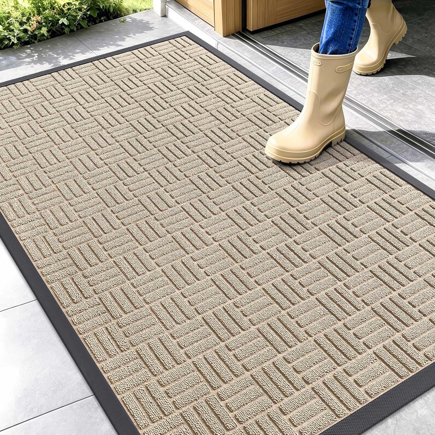 OLANLY Front Door Mat Outside Entrance 29.5x17, Absorbent, Heavy Duty Sturdy Natural Rubber Doormat Indoor Outdoor, Stain and Fade Resistant, Non-Slip Backing Low Profile Floor Mat for Entryway, Grey