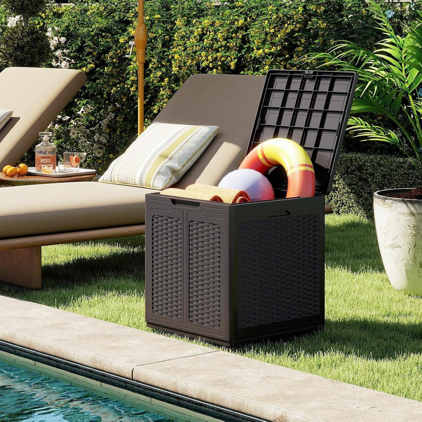 Tangkula 25 Gallon Waterproof Outdoor Storage Box with Lockable Lid | PP Resin, Wicker Patterned, Indoor Outdoor Use, Portable, Versatility, for Deck, Pool, Patio Cushions, Garden Tools