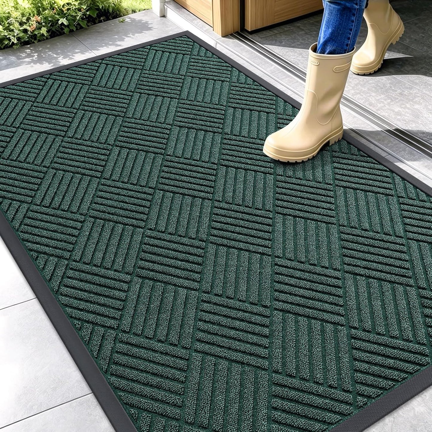OLANLY Front Door Mat Outside Entrance 29.5x17, Absorbent, Heavy Duty Sturdy Natural Rubber Doormat Indoor Outdoor, Stain and Fade Resistant, Non-Slip Low Profile Floor Mat for Entryway, Grey Diamond