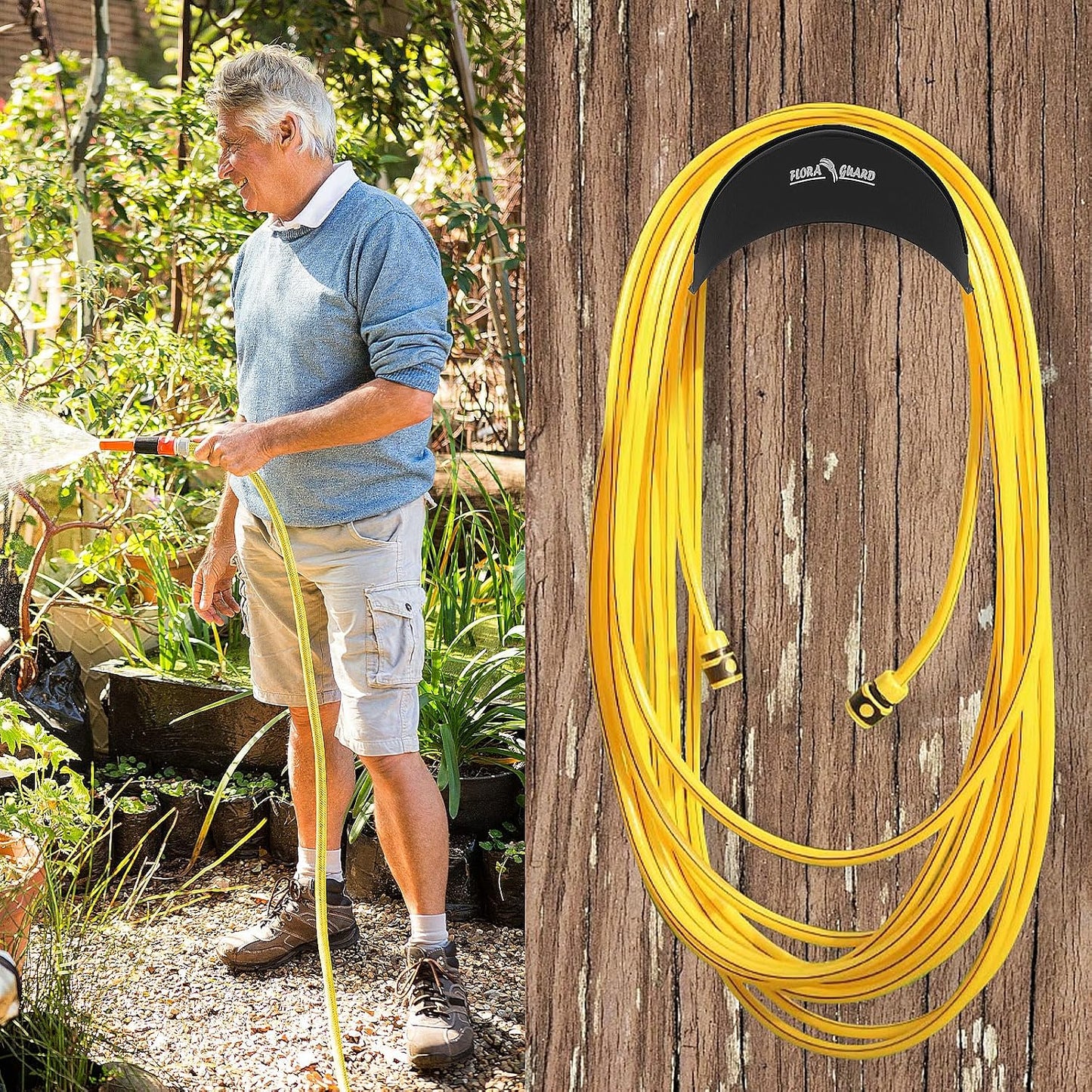 FLORA GUARD Garden Hose Holder, Heavy-Duty Hose Hanger, Holds Up to 125 ft, Garden Rack Wall Mount for Outside, Rust and Slip Resistant, Gray