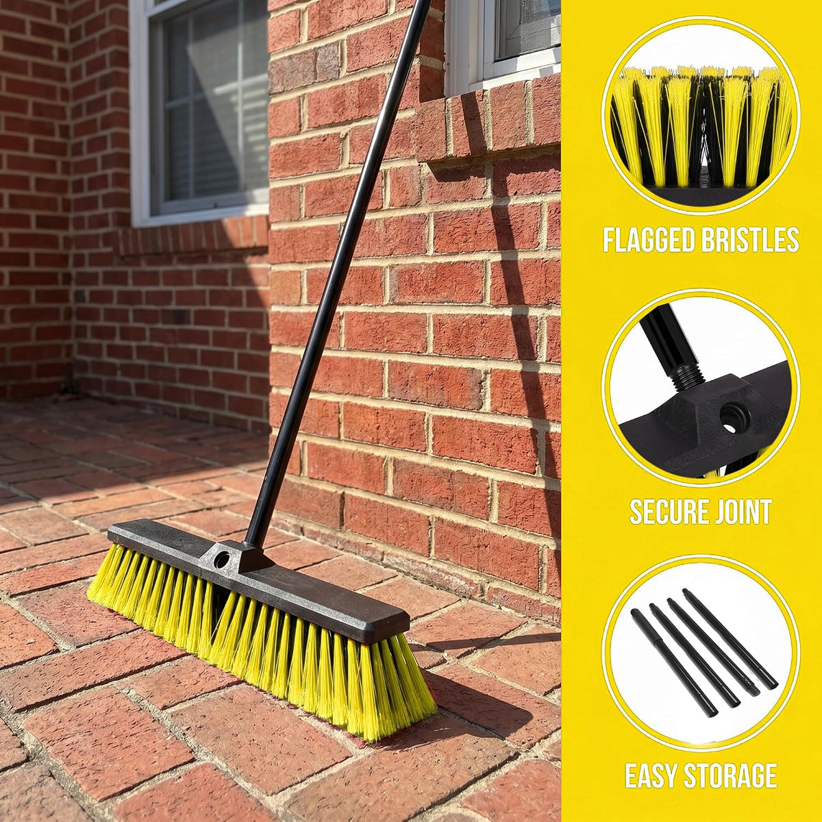 18" Heavy Duty Push Broom - 61" Adjustable 4-Section Metal Handle Stiff Flagged Hard Bristles Indoor Outdoor Floor Broom for Garage Patio Concrete Deck Shop Warehouse (Yellow, 18inches Wide)