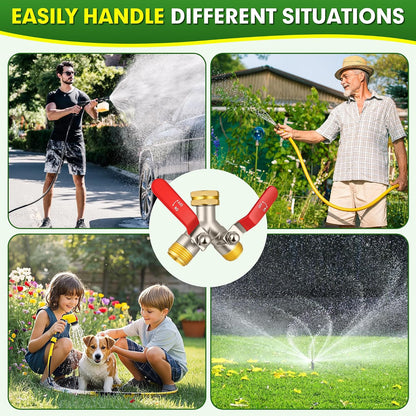 Hose Splitter 2 Way, High Flow Garden Hose Splitter, 3/4” Ght Inlet Brass Heavy Duty Hose Converter, Full Flow water 2 Way Faucet hose splitter, Long Handle Hose Valve Large Outlet.