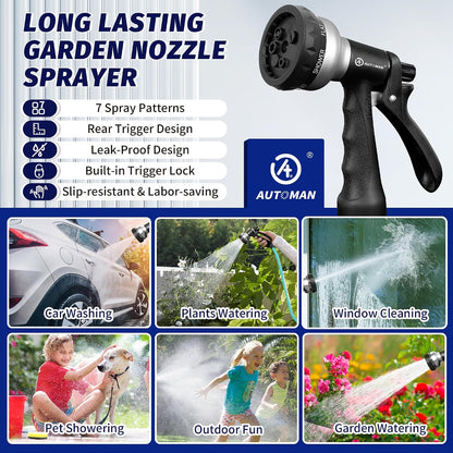 AUTOMAN Garden Hose Nozzle - 2 Pack, 100% Metal High Pressure Spray Nozzle, Labor-Saving Design, Heavy Duty for Garden Watering, Car Washing, Window Cleaning, Pets Bathing