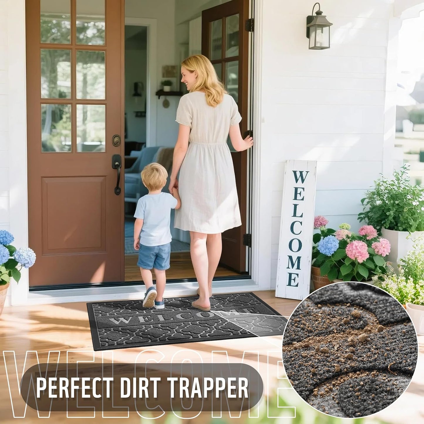 Yimobra Welcome Mat Outdoor Indoor, All-Weather Waterproof Front Door Mat Outside Entrance, Non-Slip Low Profile Porch Patio Doormat, 29.5x17, Black