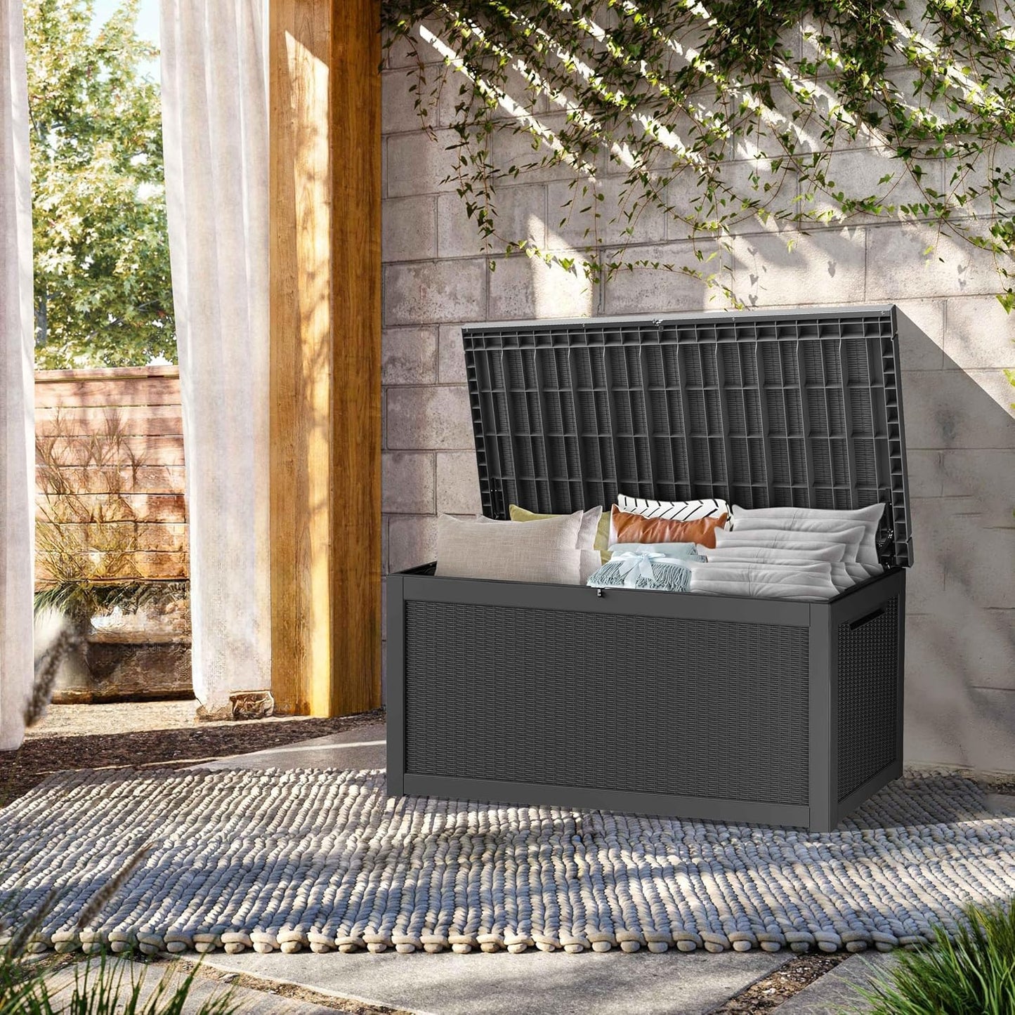 Outdoor Storage Box, 320 Gallon Waterproof Deck Box [Upgraded 3.0], Dual Gas-Spring Ultimate Resin Organizer for King Cushions, Heavy-Duty Lockable Estate Storage Bench, Backyard BBQ, Black