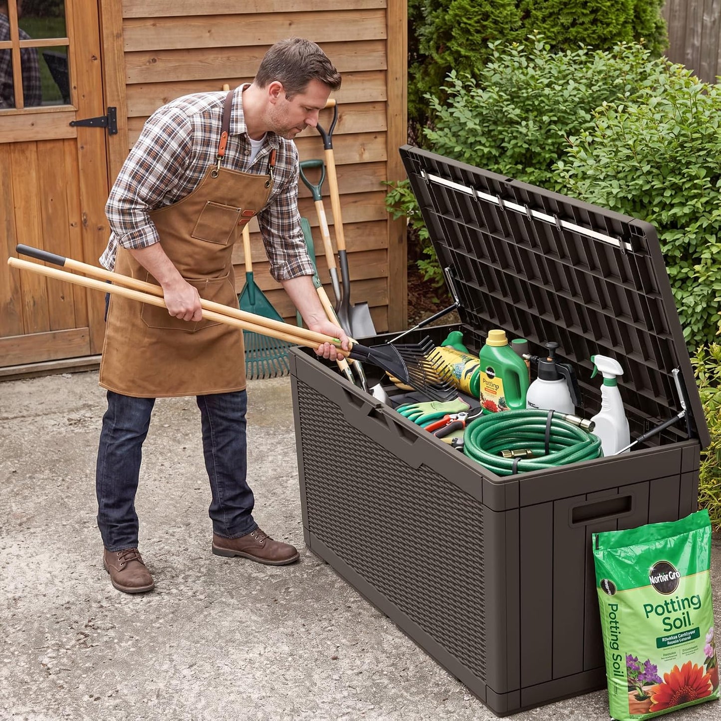 Flamaker Outdoor Storage Box 80 Gallon Resin Waterproof Deck Box Delivery Box with Wood Texture Large Storage Bin for Patio Cushions, (Grey)