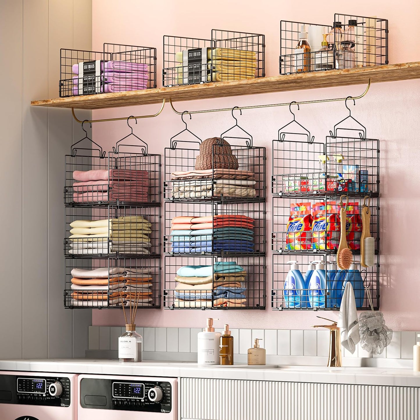 Sonyabecca 3-Tier Hanging Closet Organizers and Storage, Foldable Stackable Wire Basket Bins with 5 S Hooks, Space-Saving Hanging Closet Shelf for Clothing, Sweaters, Handbags, Hats,Purse