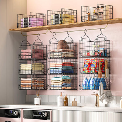 Sonyabecca 3-Tier Hanging Closet Organizers and Storage, Foldable Stackable Wire Basket Bins with 5 S Hooks, Space-Saving Hanging Closet Shelf for Clothing, Sweaters, Handbags, Hats,Purse