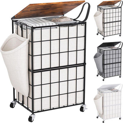 Laundry Basket with Wheels, Heavy Duty Laundry Sorter 2 Sections, 120L (32Gal.) Large Capacity Laundry Hamper with Wood Lid, 360 Rolling Wheels, Extra Side Pocket, Leather Pull Handle, Beige