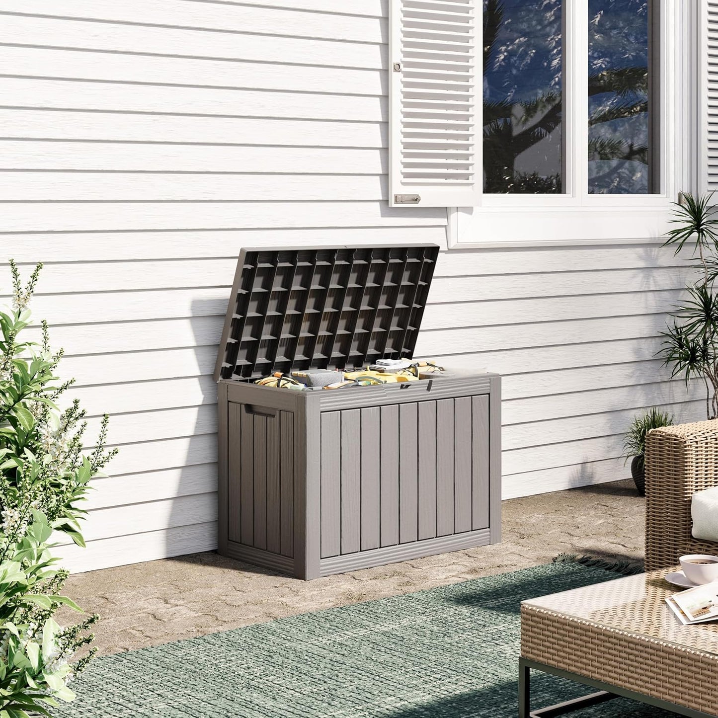 35 Gallon Outdoor Storage Box, Waterproof Resin Deck Box with Lockable Lid – Storage Cabinet for Patio Furniture, Pool Supplies, Garden Tools – Indoor & Outdoor Use