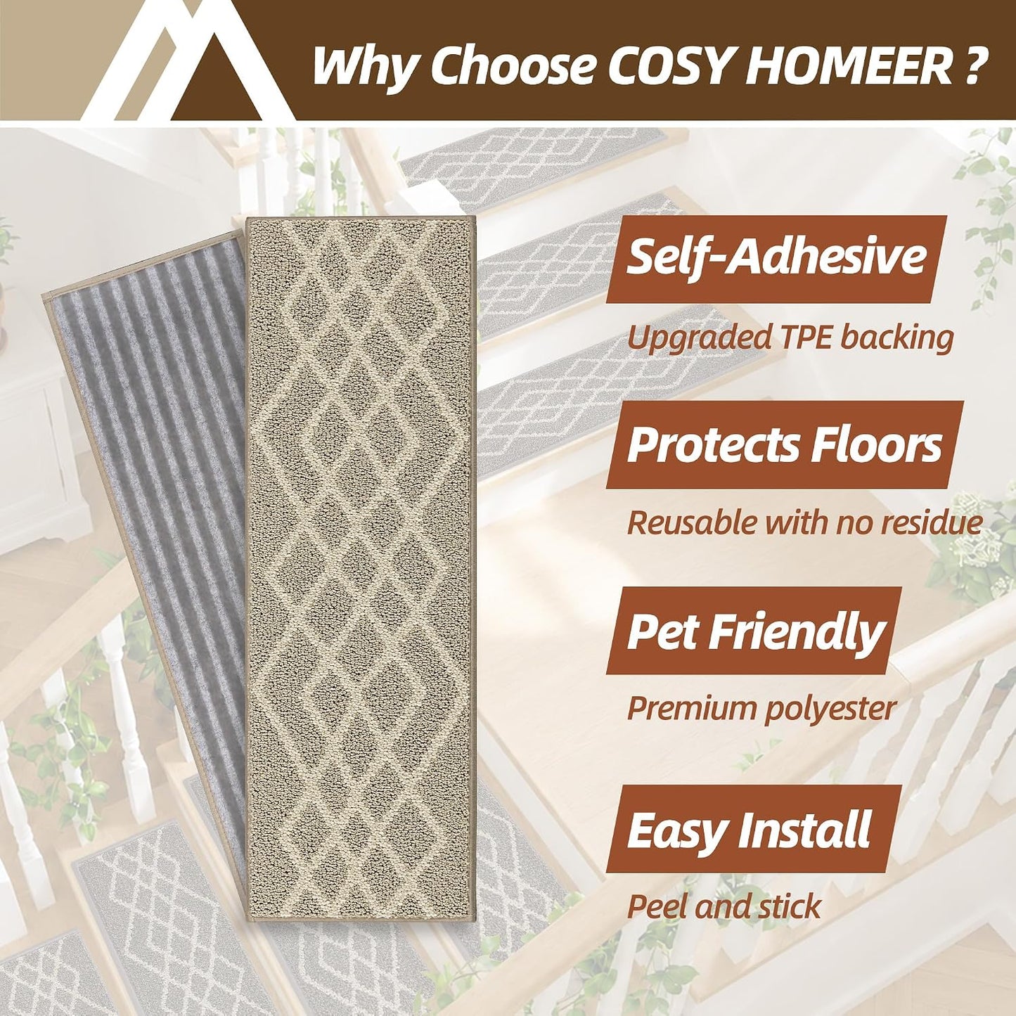 COSY HOMEER Soft Stair Treads Non-Slip Carpet Mat 28inX9in Indoor Stair Runners for Wooden Steps,Stair Rugs for Kids and Dogs, 100% Polyester TPE Backing 7pcs,Black,Rhombus