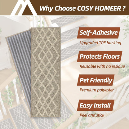 COSY HOMEER Soft Stair Treads Non-Slip Carpet Mat 28inX9in Indoor Stair Runners for Wooden Steps,Stair Rugs for Kids and Dogs, 100% Polyester TPE Backing 7pcs,Black,Rhombus