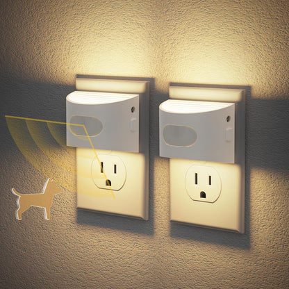 JandCase Motion Sensor Night Light, 2 Pack Motion Activated Night-Lights, 3000K Warm White LED Night Lights Plug into Wall, 30/60LM Adjustable Brightness, for Kids Adults Bathroom Bedroom