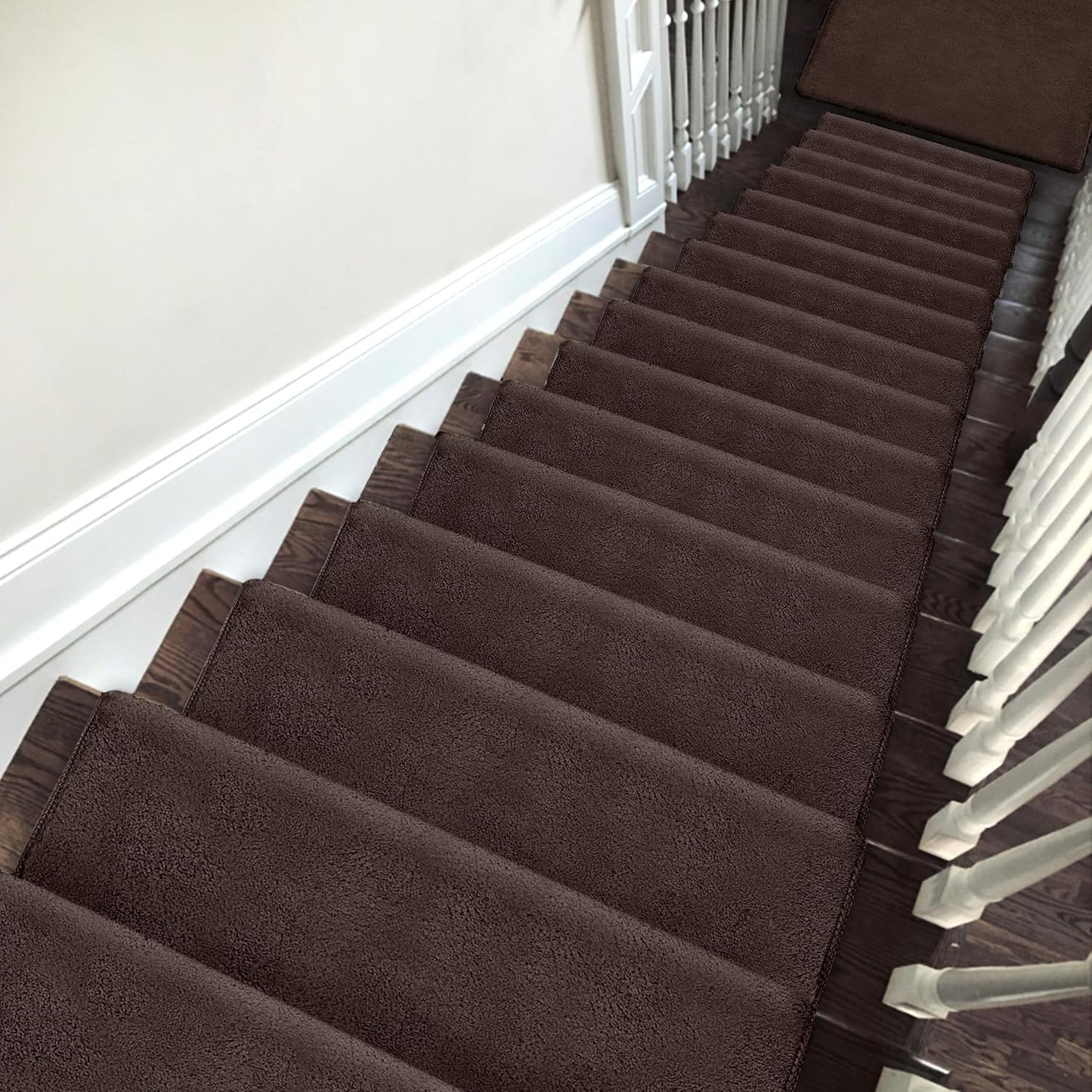PURE ERA Carpet Stair Treads Ultra Plush 9.5" X 30"Soft Bullnose Indoor Stair Protectors Pet-Friendly Non-Slip Skid Resistant Tape Free Washable Reusable(2 Pieces,Brown)