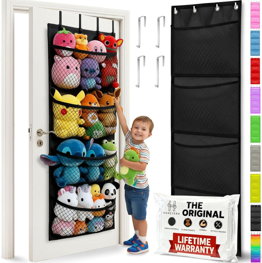 Honeyera The Original Stuffed Animal Storage (Patented) - Over Door Organizer for Stuffies, Baby Ideas Holder, Toy Plush Hammock Hanging Net Big Girls Toddler Large Bag Animals Stuffy Behind