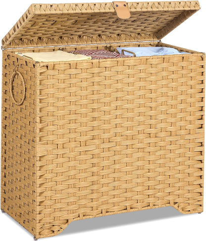 130L Laundry Hamper with Lid, 3 Section Laundry Hamper with 3 Removable Liner Bags, Large Wicker Laundry Basket with 4 Mesh Laundry Bags, Clothes Hamper for Laundry Room, Bedroom, Bathroom