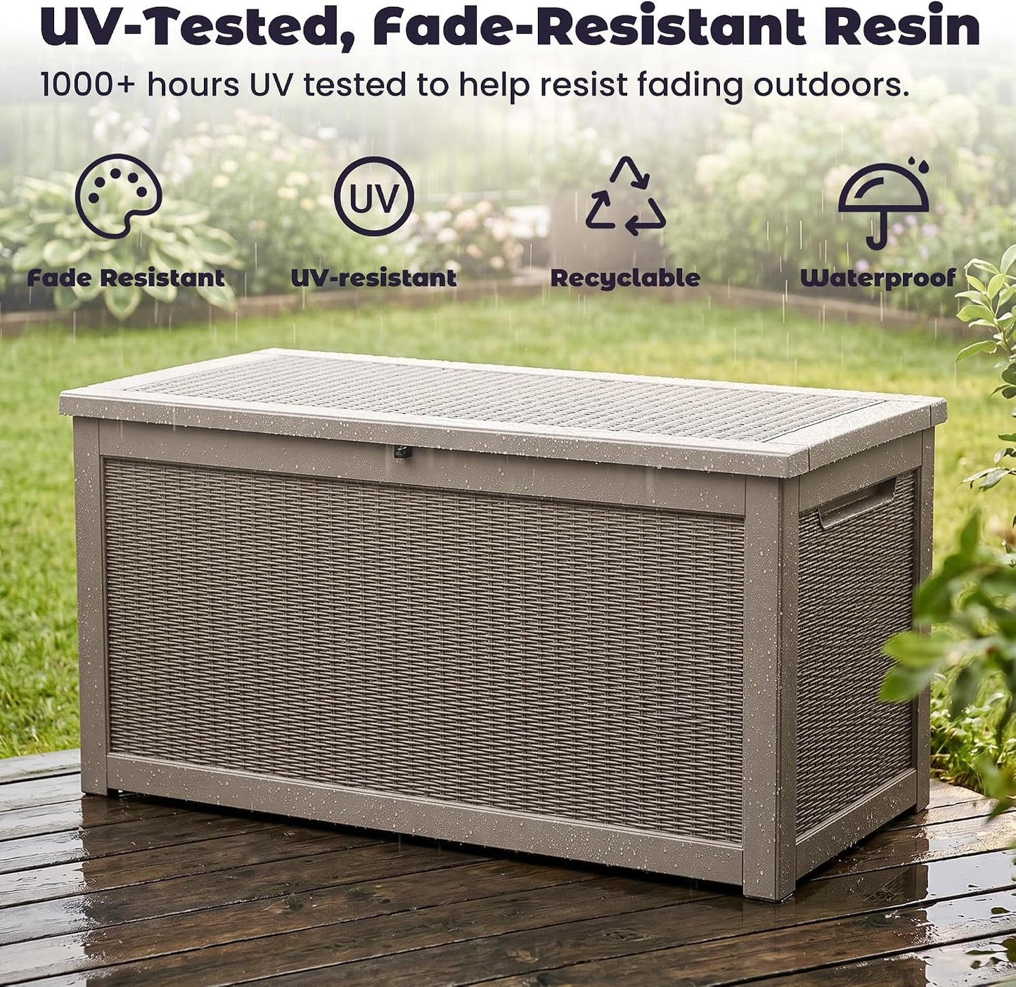 PatioZen 50 Gallon Deck Box Outdoor, Weatherproof Resin Patio Storage Box, Waterproof Outdoor Storage Boxes with Lid Lockable for Cushions, Garden Tools,Grey