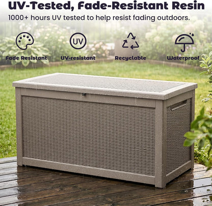 PatioZen 50 Gallon Deck Box Outdoor, Weatherproof Resin Patio Storage Box, Waterproof Outdoor Storage Boxes with Lid Lockable for Cushions, Garden Tools,Grey