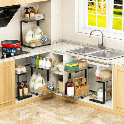 ARSTPEOE 2 Pack Double Sliding Under Sink Organizers and Storage,Two Tier Bathroom Storage and organization,Under Cabinet Organizer, Clear