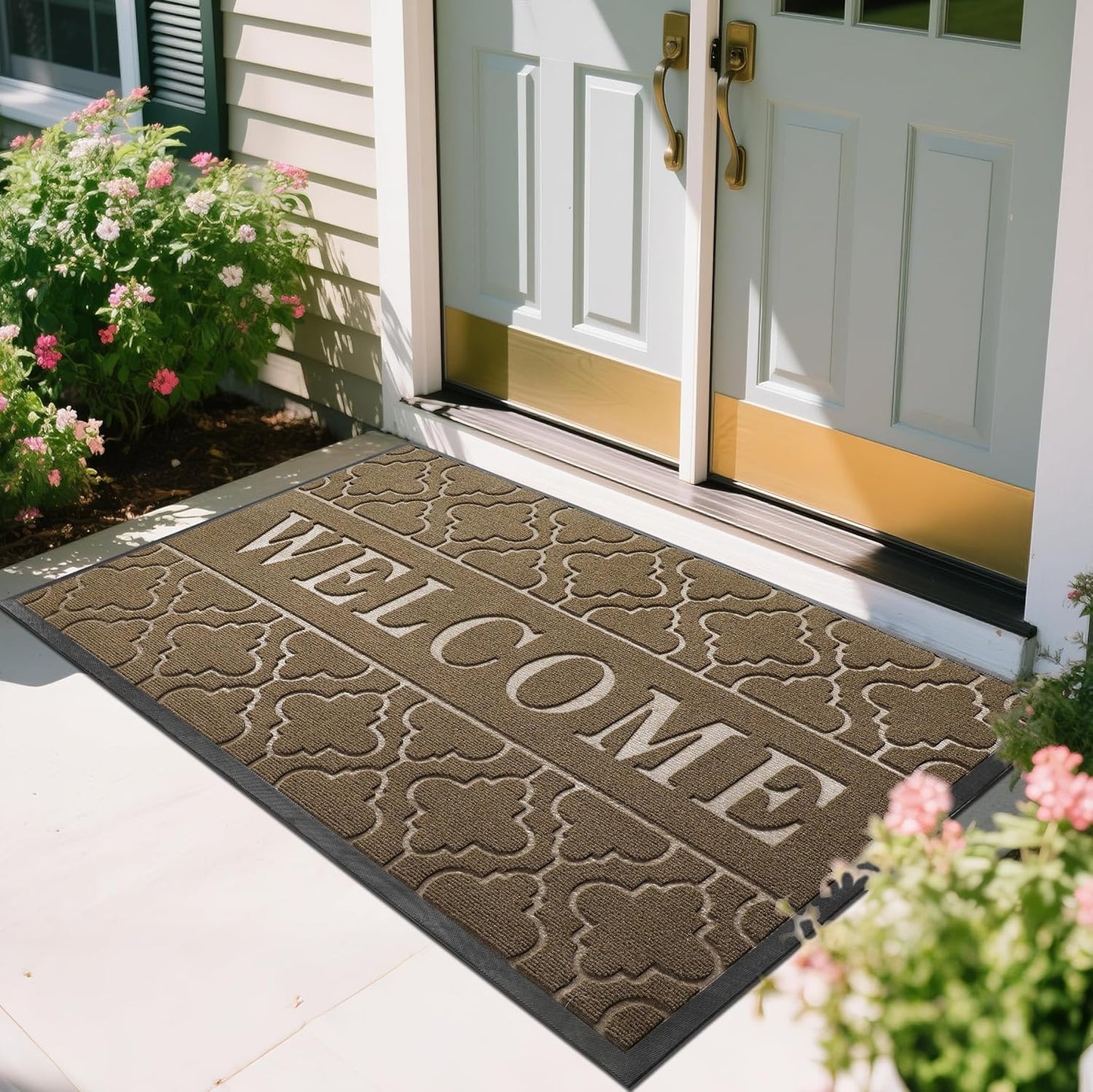 Yimobra Welcome Mat Outdoor Indoor, All-Weather Waterproof Front Door Mat Outside Entrance, Non-Slip Low Profile Porch Patio Doormat, 29.5x17, Black