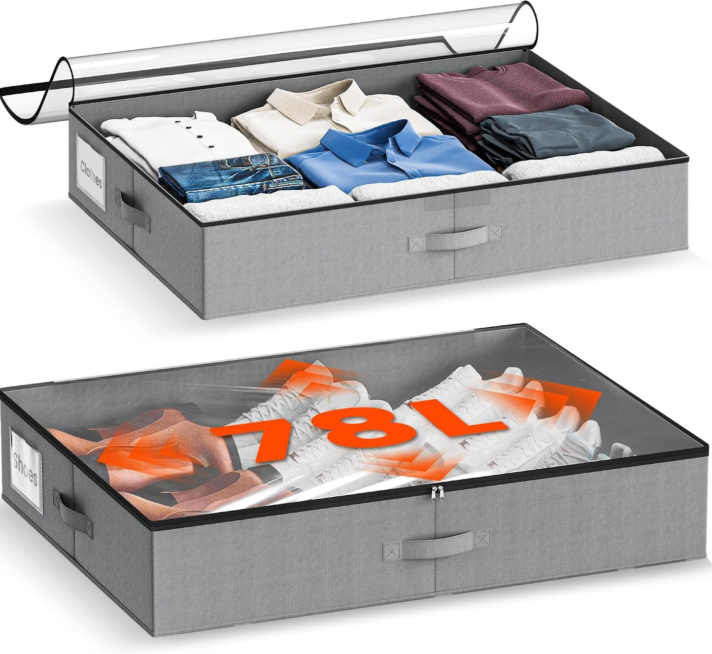 XXXL 78L Under Bed Storage with Wheels, Rolling Storage Containers with Clear Lid & Label, Heavy-Duty Metal Frame, Easy Pull-out, Underbed Storage Bins for Clothes, Shoes, Blankets, and Toys(2PACK)