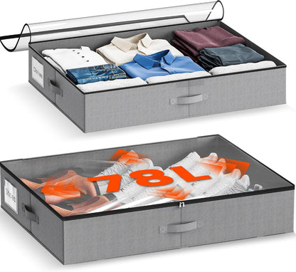 XXXL 78L Under Bed Storage with Wheels, Rolling Storage Containers with Clear Lid & Label, Heavy-Duty Metal Frame, Easy Pull-out, Underbed Storage Bins for Clothes, Shoes, Blankets, and Toys(2PACK)