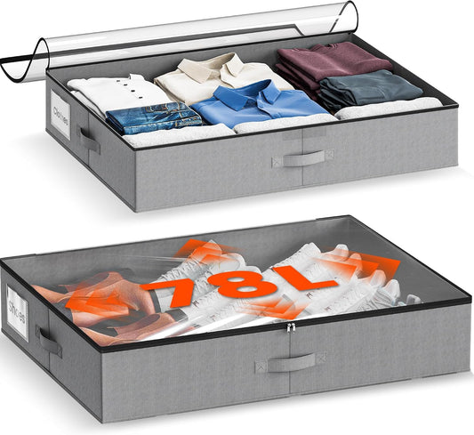 XXXL 78L Under Bed Storage with Wheels, Rolling Storage Containers with Clear Lid & Label, Heavy-Duty Metal Frame, Easy Pull-out, Underbed Storage Bins for Clothes, Shoes, Blankets, and Toys(2PACK)