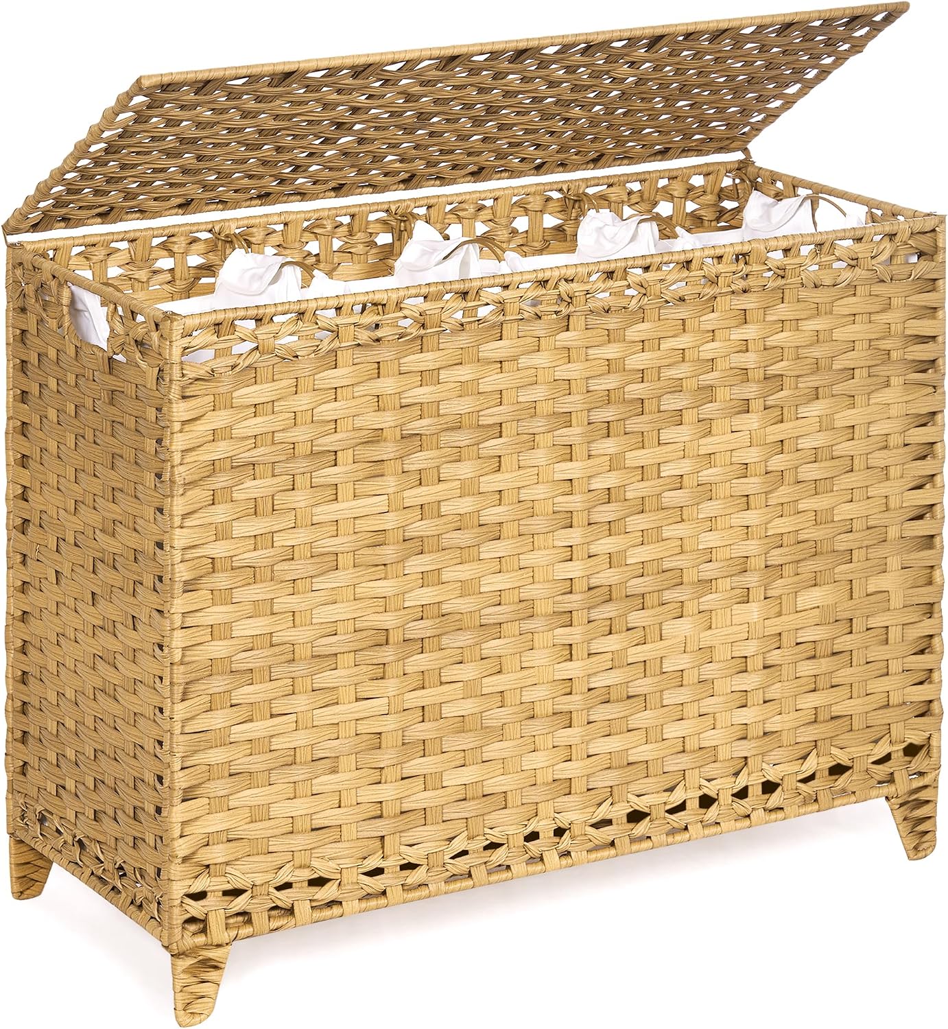 Laundry Hamper with 3 Removable Liner Bags; 132L Handwoven Rattan Laundry Basket with Lid & Heightened Feet; Clothes Hamper with Side Handles; Laundry Sorter with 3 Separate Sections