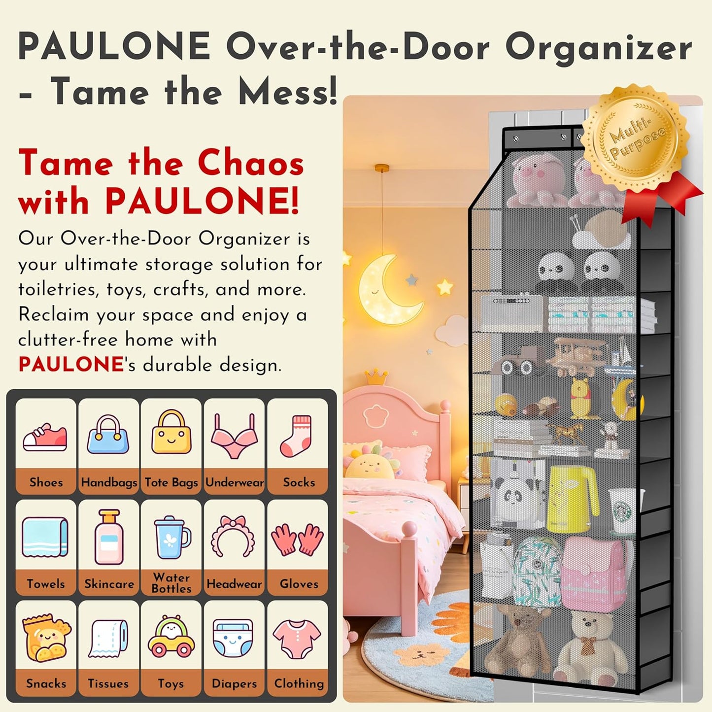 PAULONE 10-Pocket Multi-Use Over the Door Organizer, Heavy Duty 95lbs Capacity with Breathable Mesh, Versatile Hanging Storage for Shoes, Toys, Office Supplies-Classic (Black, 10-Shelf,)