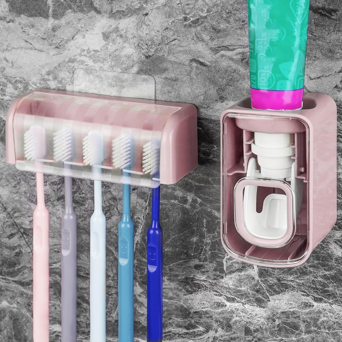 5 Slots Wall Mount Toothbrush Holder with Cover, Self Adhesive Toothbrush Storage Organizer for Shower, Toothbrush Hanger with Automatic Toothpaste Squeezer Dispenser