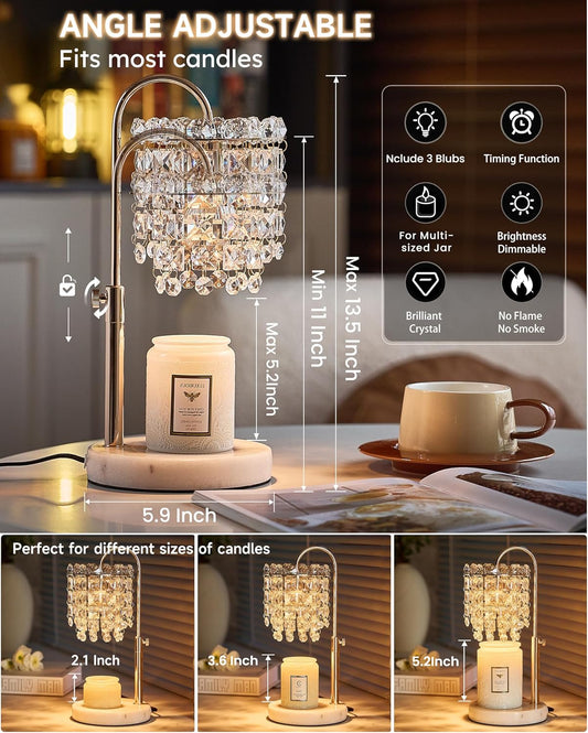 Candle Warmer Lamp with Timer Dimmer Adjustable Height Candle Warmer with Marble Base for Jar Candles, Crystal Candle Lamp with 3 Bulbs for New Home Decor, Women Mom Christmas Birthday Gifts, Silver