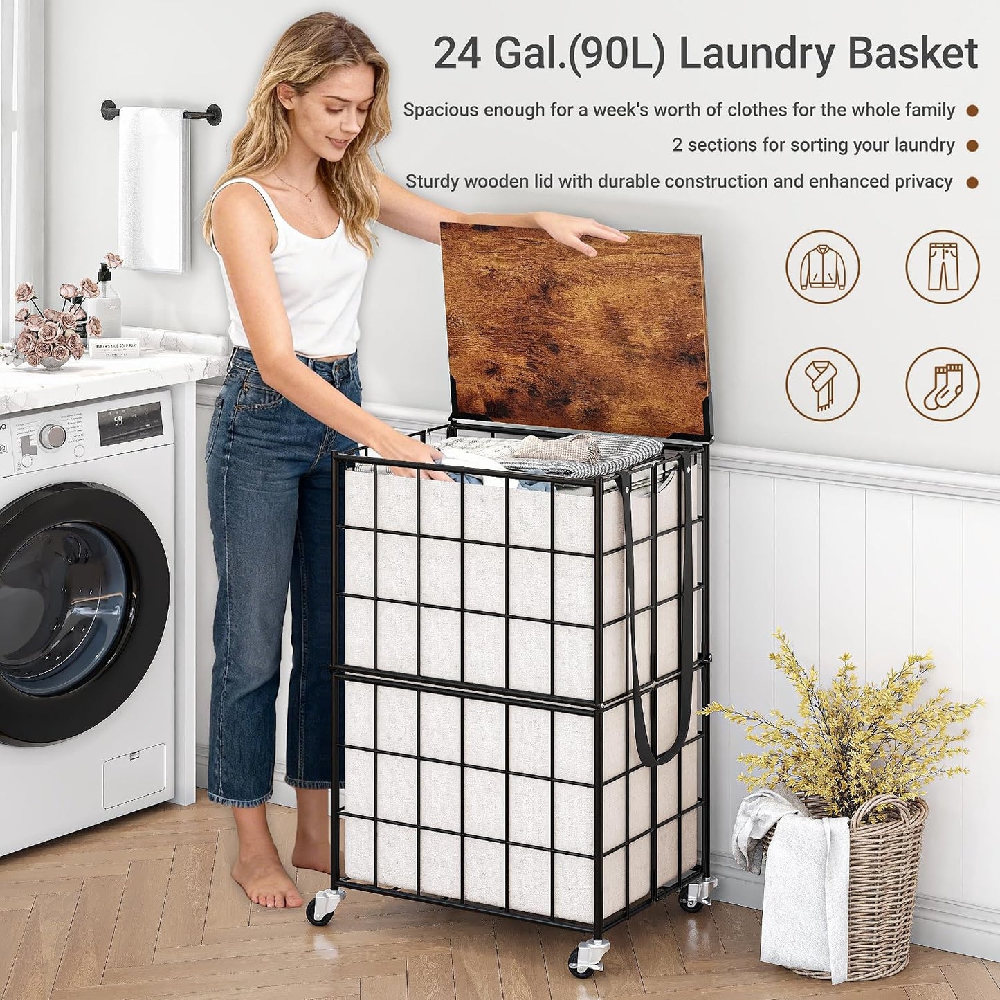Laundry Basket with Wheels, Heavy Duty Laundry Sorter 2 Sections, 120L (32Gal.) Large Capacity Laundry Hamper with Wood Lid, 360 Rolling Wheels, Extra Side Pocket, Leather Pull Handle, Beige