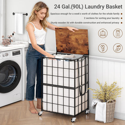 Laundry Basket with Wheels, Heavy Duty Laundry Sorter 2 Sections, 120L (32Gal.) Large Capacity Laundry Hamper with Wood Lid, 360 Rolling Wheels, Extra Side Pocket, Leather Pull Handle, Beige