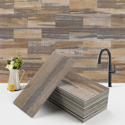 100-Piece Faux Stone Peel and Stick Backsplash Tile, Waterproof Thick PVC Stick On Subway Wall Tile for Kitchen Bathroom Laundry Room Fireplace - 3" x 6", Tan Wood
