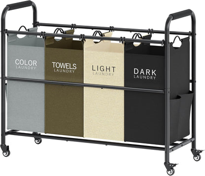 Tajsoon 4 Bag Laundry Sorter Cart, 4 Section Laundry Hamper Sorter with Heavy Duty Lockable Rolling Wheels, Laundry Separator Hamper with Removable Bags for Dirty Clothes Storage, Black