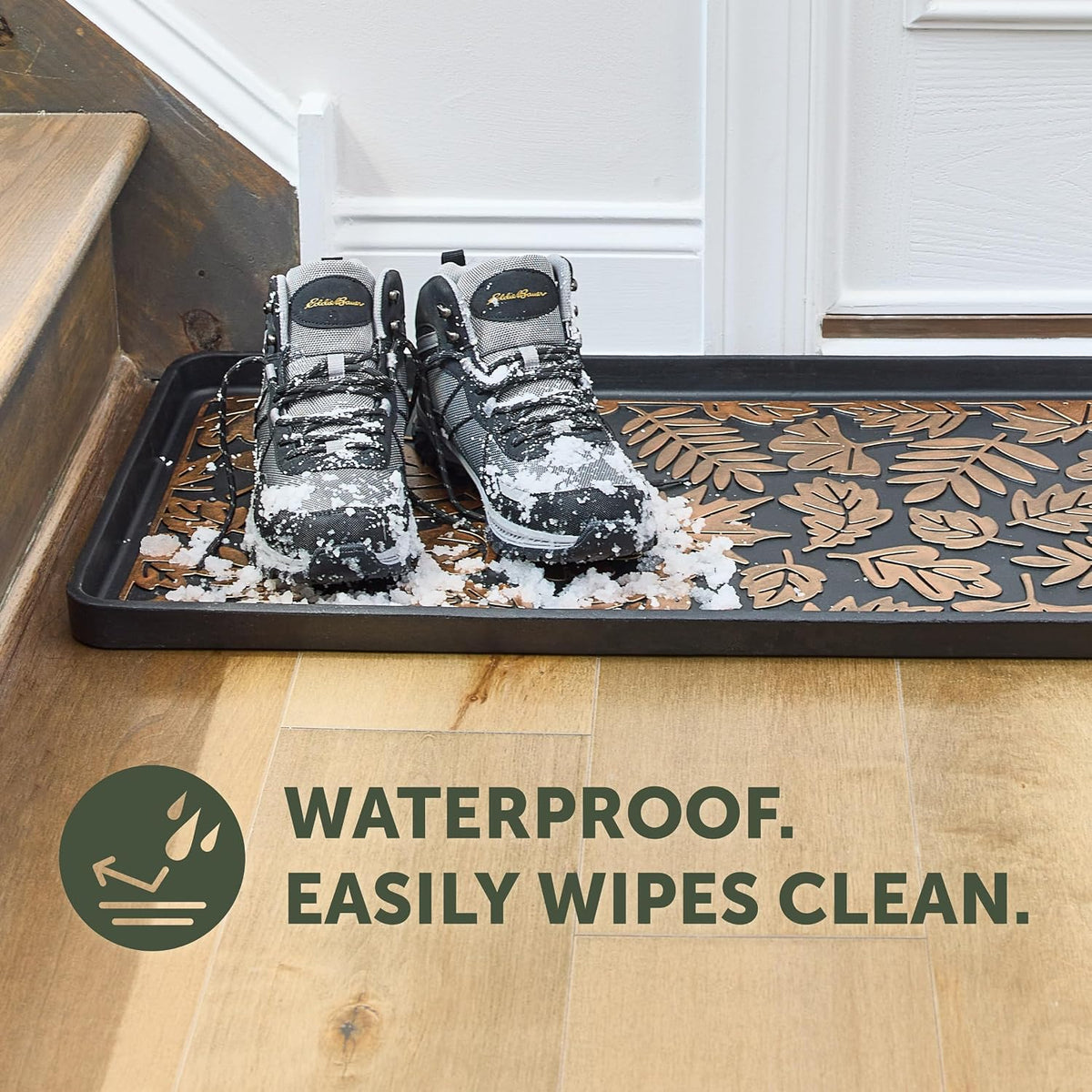 Eddie Bauer Rubber Boot Tray – Lake Waves Design, 16"x32", Black – Waterproof Entryway Boot Mat