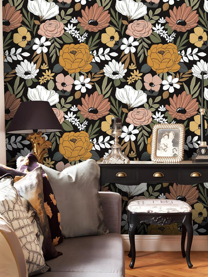 Floralplus Floral Wallpaper Peel and Stick Removable Wallpaper Boho Renter Friendly Dark Flower Wallpapers Contact Paper for Walls Cabinet Bedroom Bathroom Decor 17.5 in x 118 in