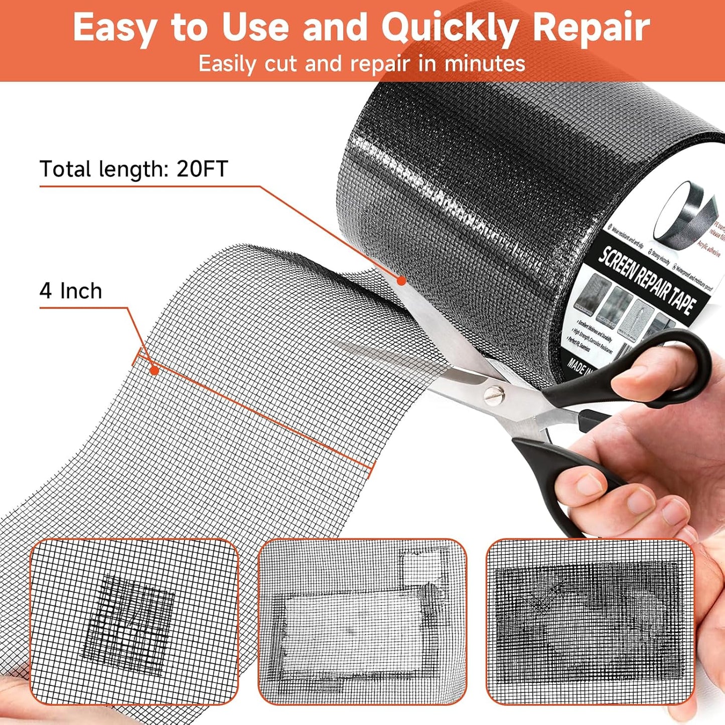 HOFUDON 4in X 20ft Window Screen Repair Tape Black - Heavy Duty 3-Layer Adhesive, Waterproof Fiberglass Mesh Patch Kit for Windows/Doors/Magnetic Screens