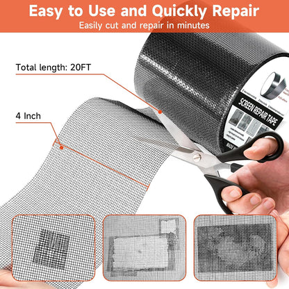 HOFUDON 4in X 20ft Window Screen Repair Tape Black - Heavy Duty 3-Layer Adhesive, Waterproof Fiberglass Mesh Patch Kit for Windows/Doors/Magnetic Screens