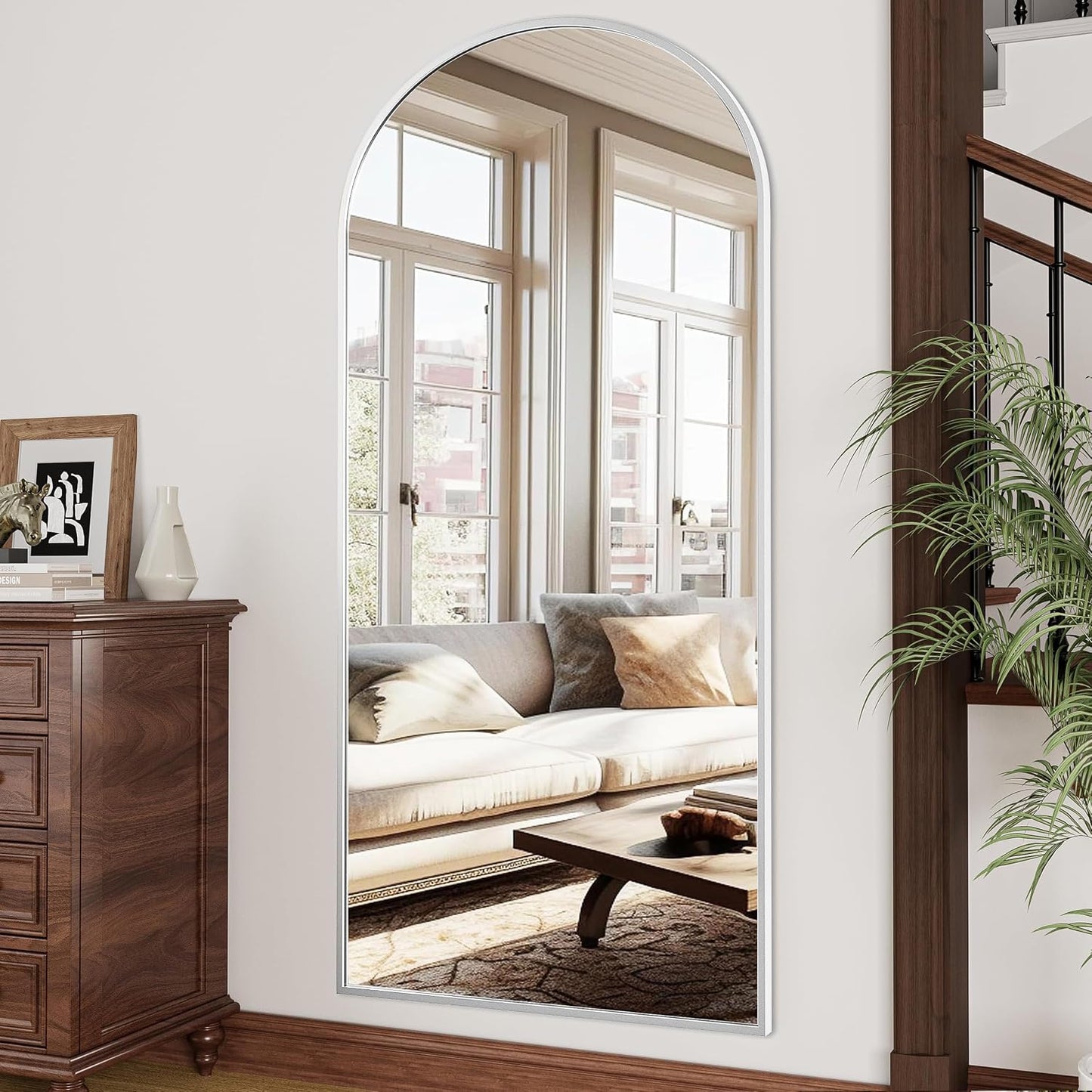 OGCAU Floor Full Length Mirror, 56"x20" Arched Full Body Mirror, Hanging or Leaning, Standing, Wall Mounted with Aluminum Frame for Bedroom Living Room, White