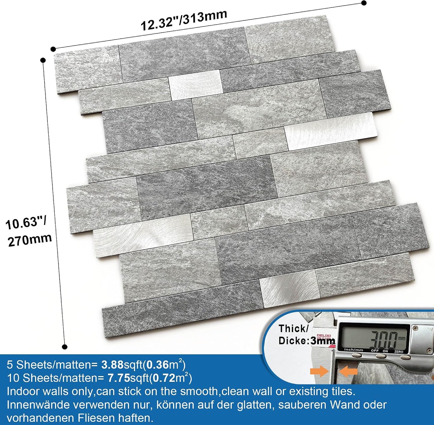 MOFIT Backsplash Tile for Kitchen Peel and Stick Stone Matte Finish,Bathroom Tiles Stickers 3D Wall Panel Linear Mosaic Marble Backsplash Waterproof(10sheets,Blue Green Gray)