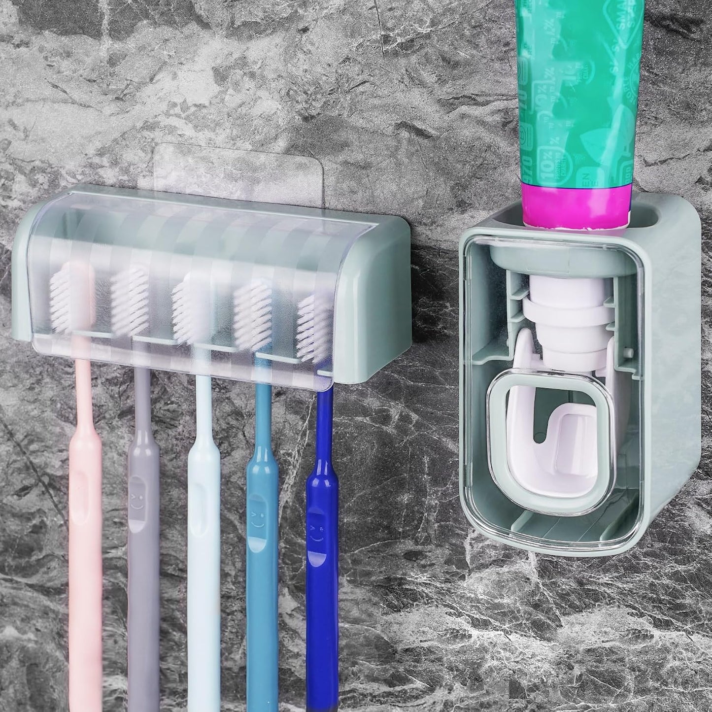 5 Slots Wall Mount Toothbrush Holder with Cover, Self Adhesive Toothbrush Storage Organizer for Shower, Toothbrush Hanger with Automatic Toothpaste Squeezer Dispenser