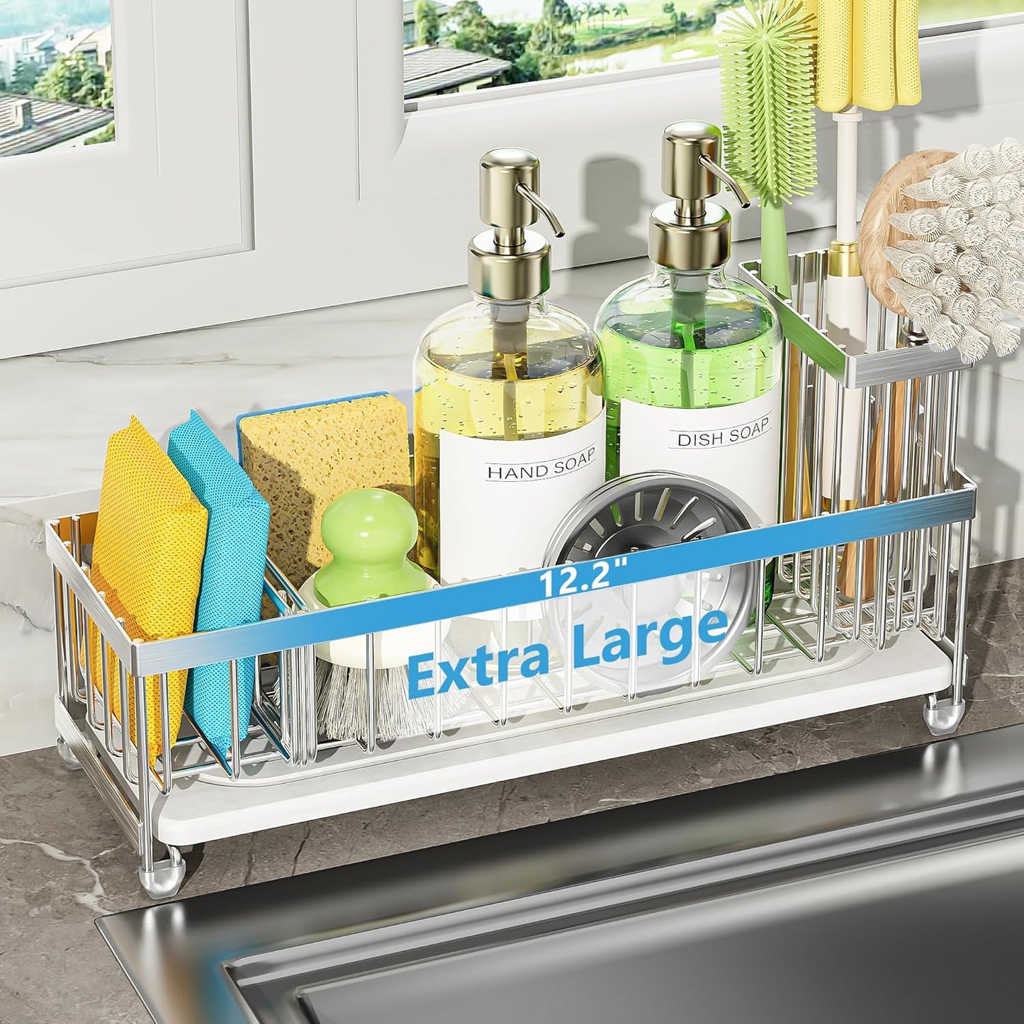 Cisily Extra Large Sink Caddy Organizer with Drying Stone, Black Sponge Holder for Kitchen, Dish Brush Holder for Countertop, Kitchen Decor Storage and Essentials