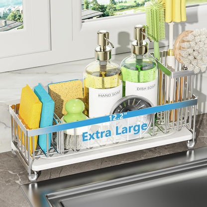 Cisily Extra Large Sink Caddy Organizer with Drying Stone, Black Sponge Holder for Kitchen, Dish Brush Holder for Countertop, Kitchen Decor Storage and Essentials