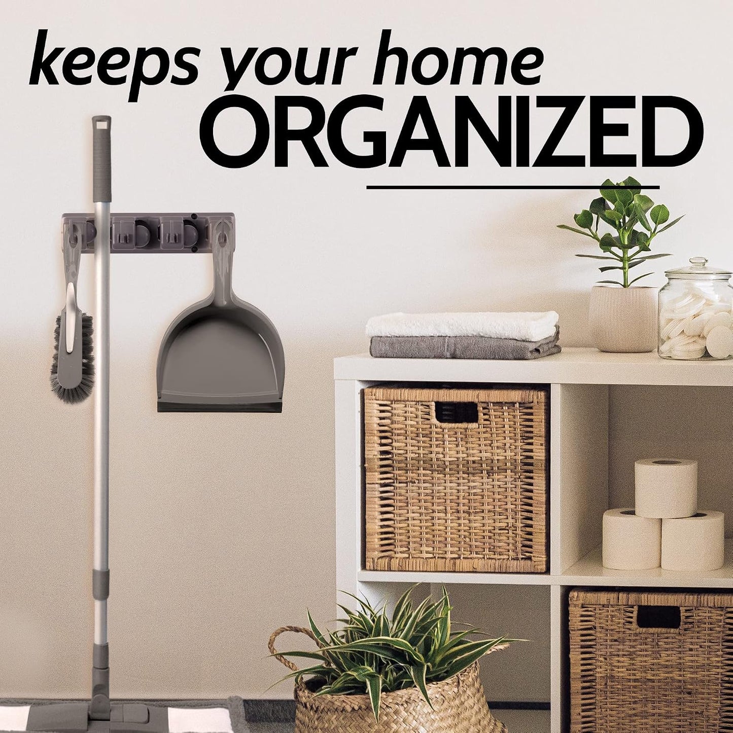 Zulay Home Mop and Broom Organizer Wall Mount - Easy to Install Mop and Broom Holder Wall Mount for Storing Cleaning Supplies - Organizer Utility Racks Mop Holder and Broom Hanger (3 Slots, White)