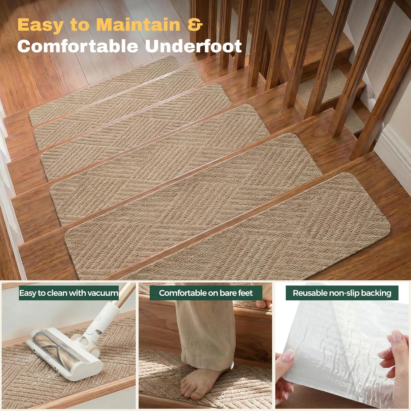 MBIGM 8" X 30" (15 in Pack) Non-Slip Carpet Stair Treads Non-Skid Safety Rug Slip Resistant Indoor Runner for Kids Elders & Pets with Reusable Adhesive - Dark Gray Diamond Weave