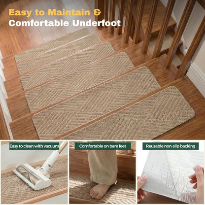 MBIGM 8" X 30" (15 in Pack) Non-Slip Carpet Stair Treads Non-Skid Safety Rug Slip Resistant Indoor Runner for Kids Elders & Pets with Reusable Adhesive - Dark Gray Diamond Weave