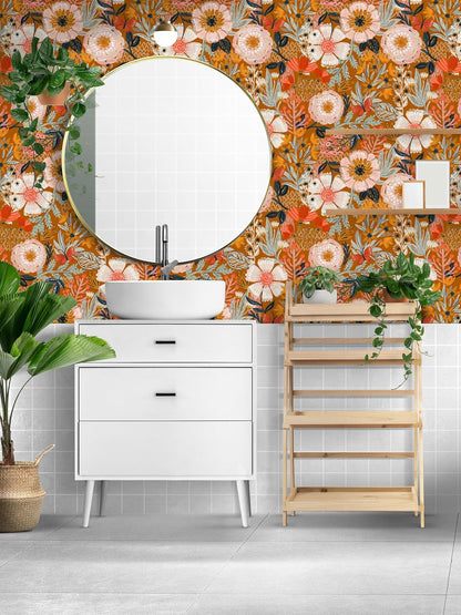 HAOKHOME Boho Peel and Stick Wallpaper Floral Wall Paper Removable for Bedroom Navy/Pink/Orange Contact Paper 17.7in x 9.8ft