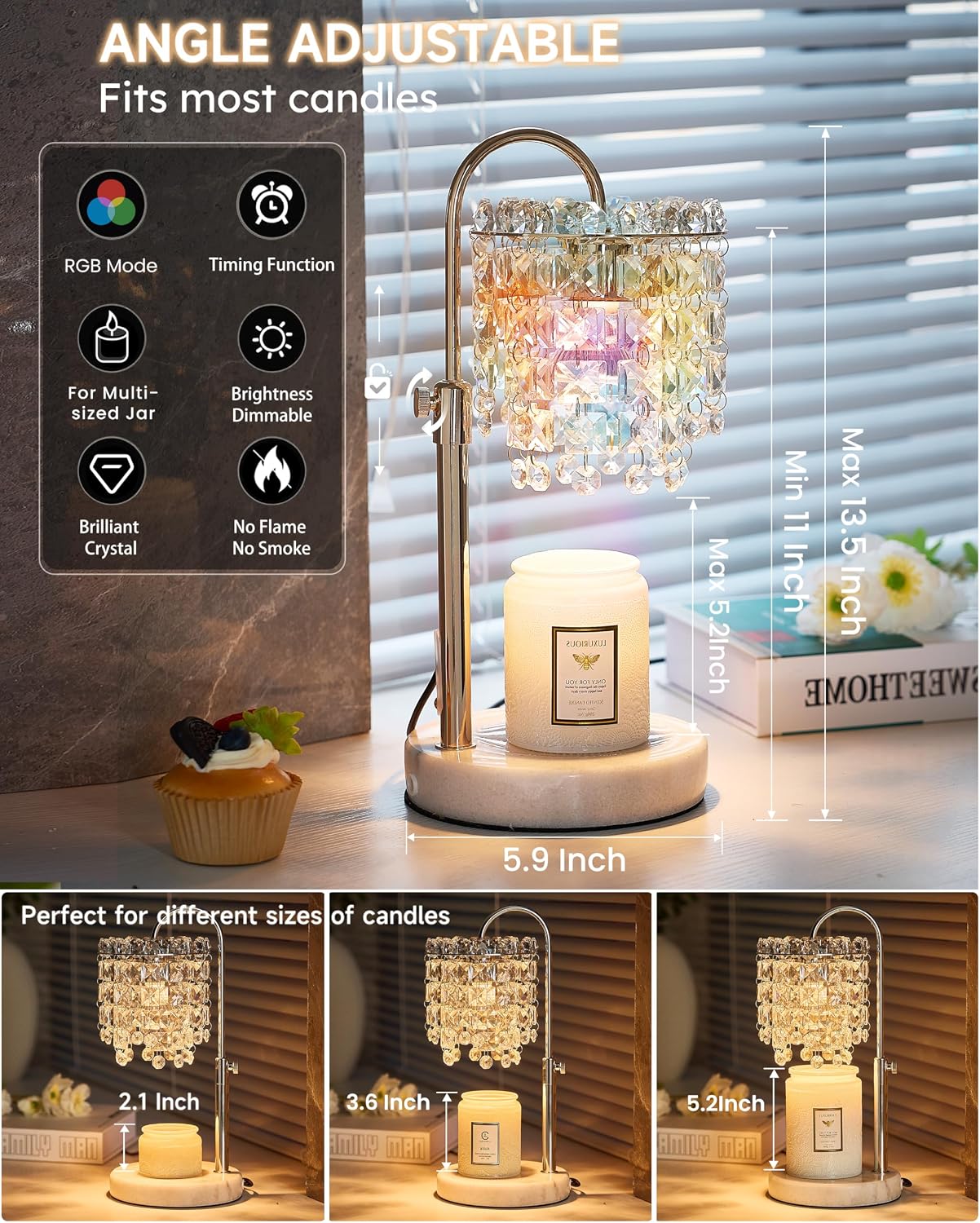 Candle Warmer Lamp with Timer Dimmer Adjustable Height Candle Warmer with Marble Base for Jar Candles, Crystal Candle Lamp with 3 Bulbs for New Home Decor, Women Mom Christmas Birthday Gifts, Silver